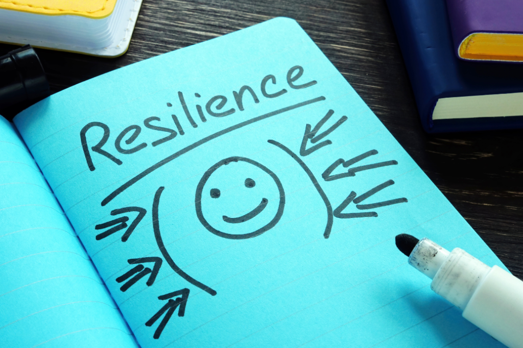 Notebook page with the word “Resilience” and a smiling face surrounded by arrows, illustrating a resilient people mindset.