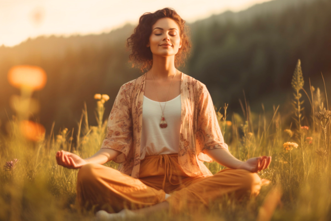 Peaceful woman meditating in a sunlit meadow, symbolizing mindfulness and building mental resilience.