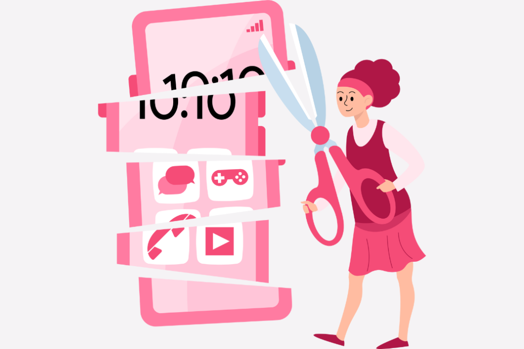 social media addiction Illustration of a woman cutting a giant smartphone with scissors, symbolizing breaking free from social media addiction.